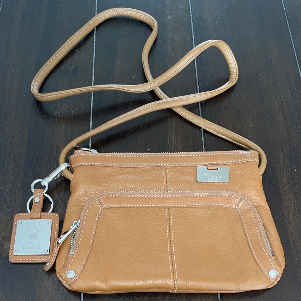 Tignanello‎ Leather Camel Crossbody Bag with matching key chain.